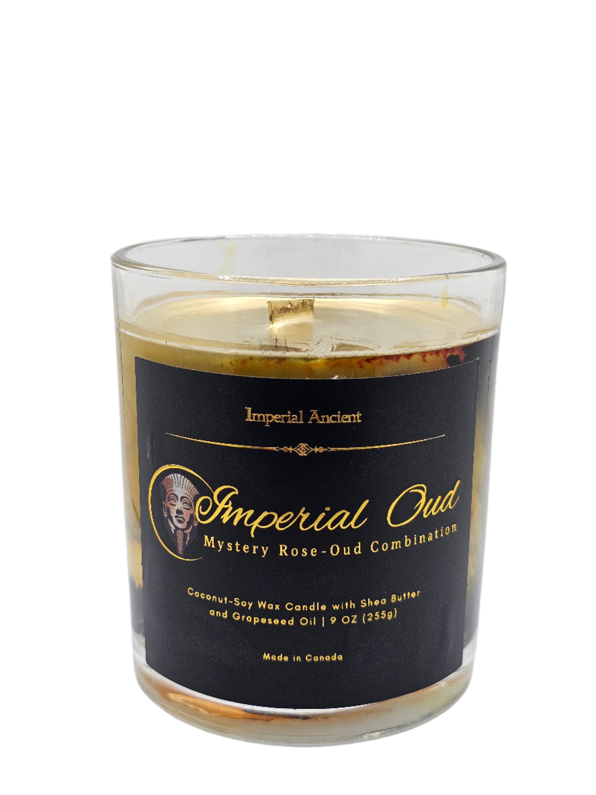 Imperial Ancient Imperial Oud Marble Candle – 9 oz mystery rose-oud scent, hand-poured coconut-soy wax with wooden wick, made in Canada