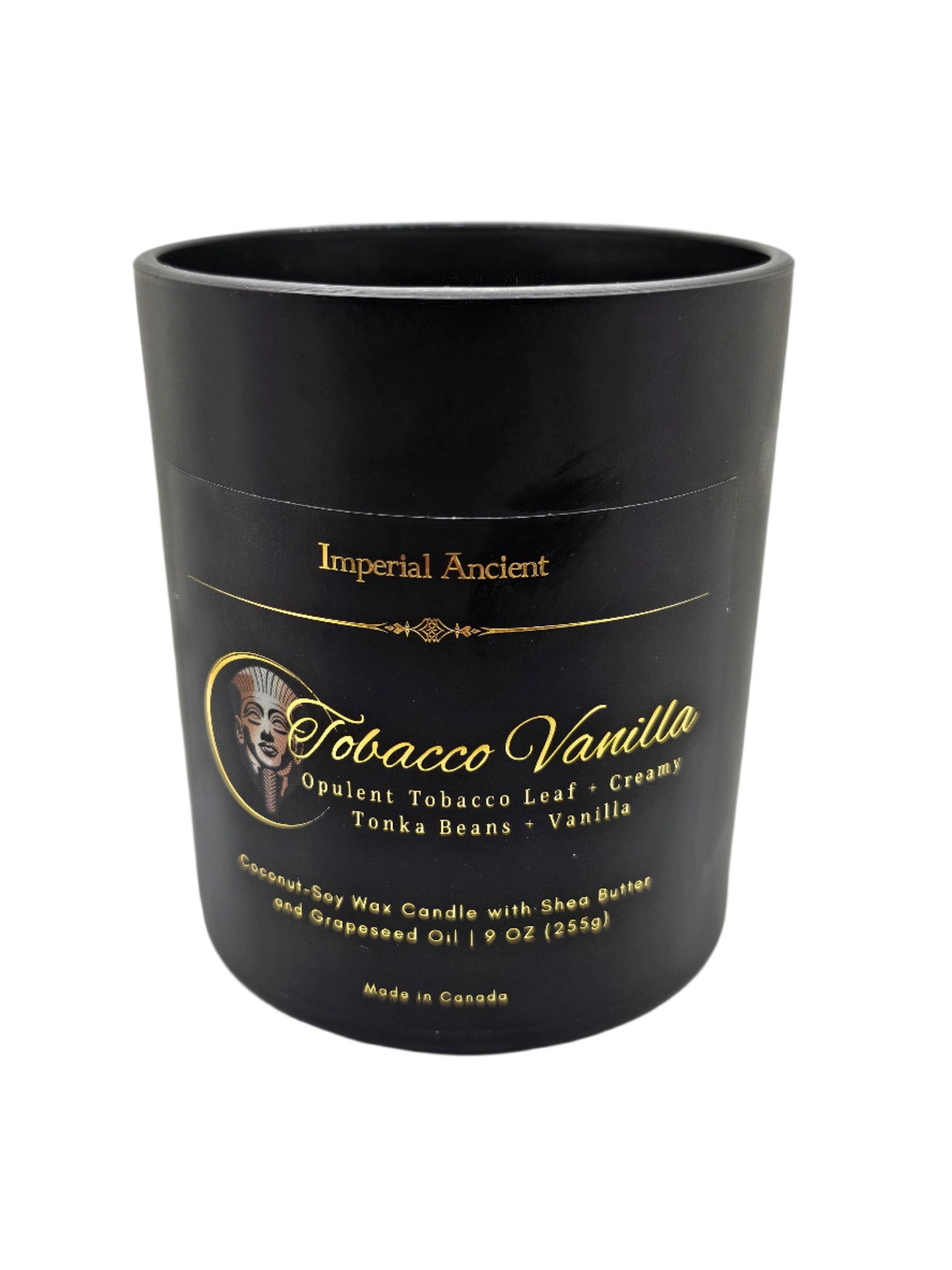 Imperial Ancient Tobacco Vanilla Candle – 9 oz bold tobacco leaf and creamy vanilla scent with tonka bean, coconut-soy wax in matte black jar, made in Canada