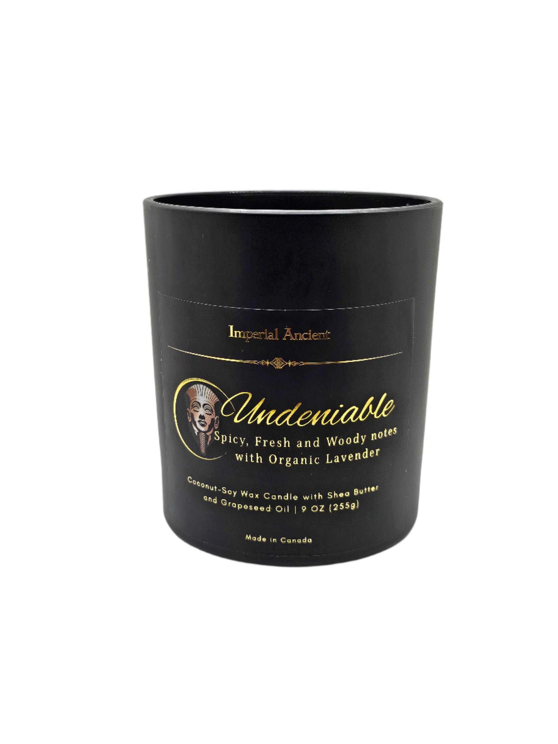 Imperial Ancient Undeniable Candle – 9 oz spicy, fresh & woody scent with organic lavender, coconut-soy wax in matte black jar, made in Canada