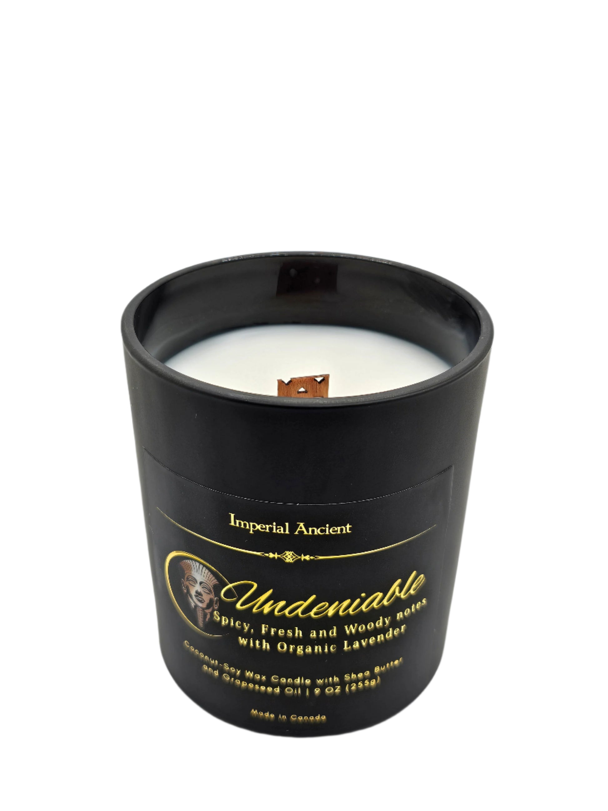 Imperial Ancient Undeniable Candle – Matte Black Jar with Wooden Wick, Spicy and Woody Scent Infused with Organic Lavender, Made in Canada