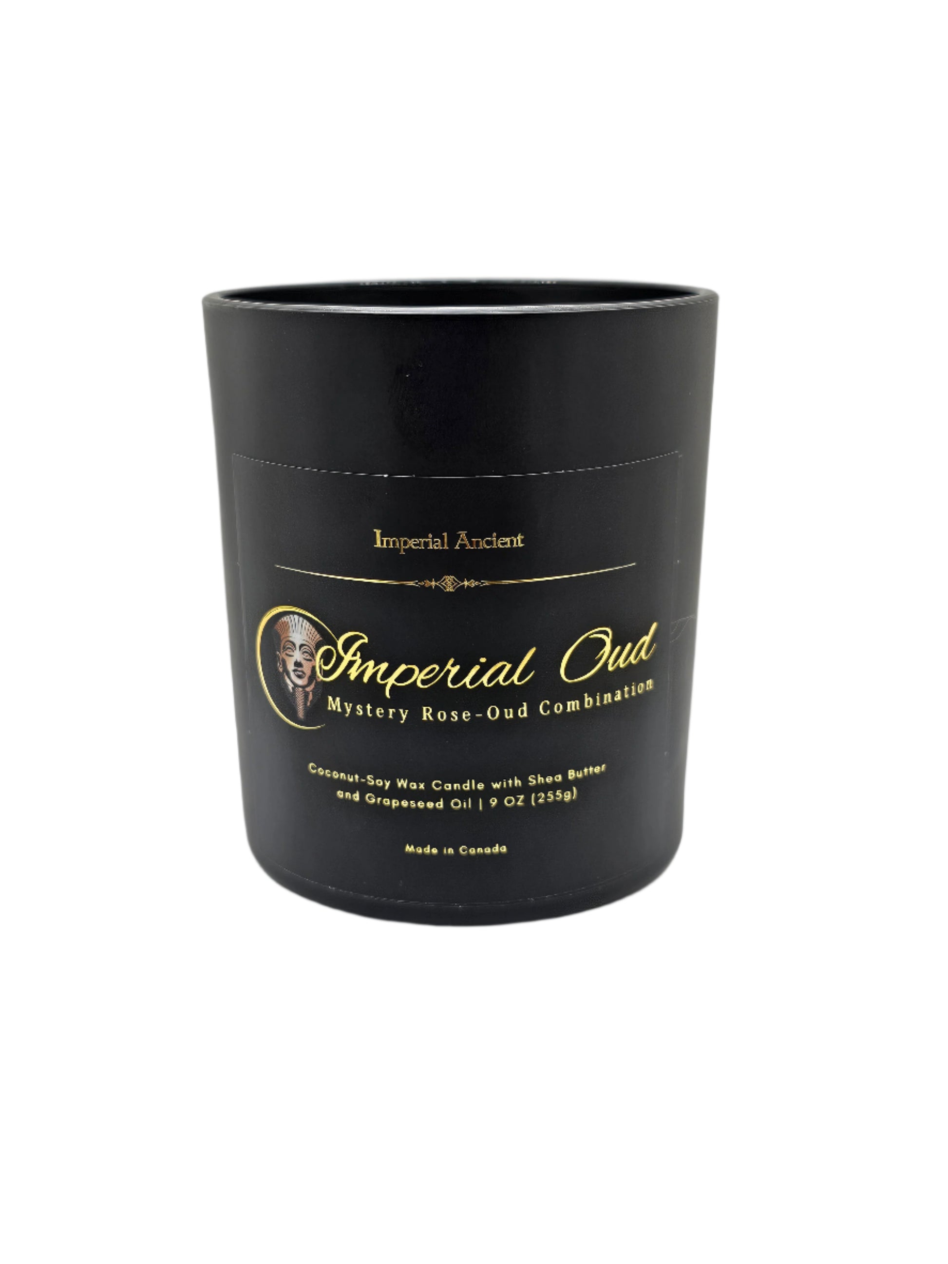 Imperial Ancient Imperial Oud Premium Candle – 9 oz mystery rose and oud combination, coconut-soy wax with shea butter in elegant matte black jar, made in Canada