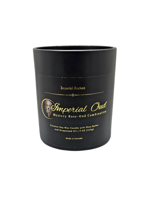 Imperial Ancient Imperial Oud Premium Candle – 9 oz mystery rose and oud combination, coconut-soy wax with shea butter in elegant matte black jar, made in Canada