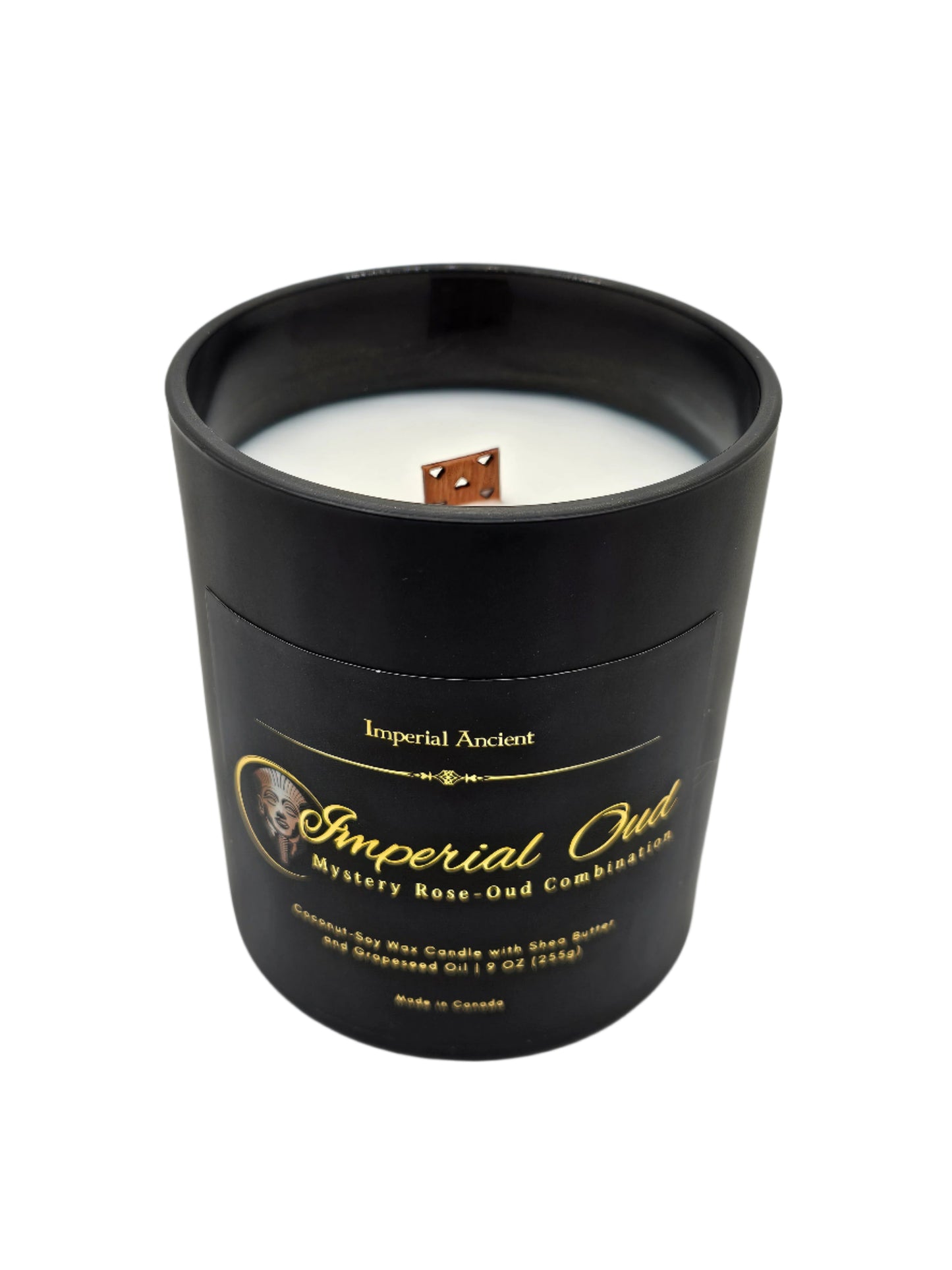 Imperial Oud Premium Candle – Mystery Rose and Oud blend in a sleek matte black jar with wooden wick, made in Canada
