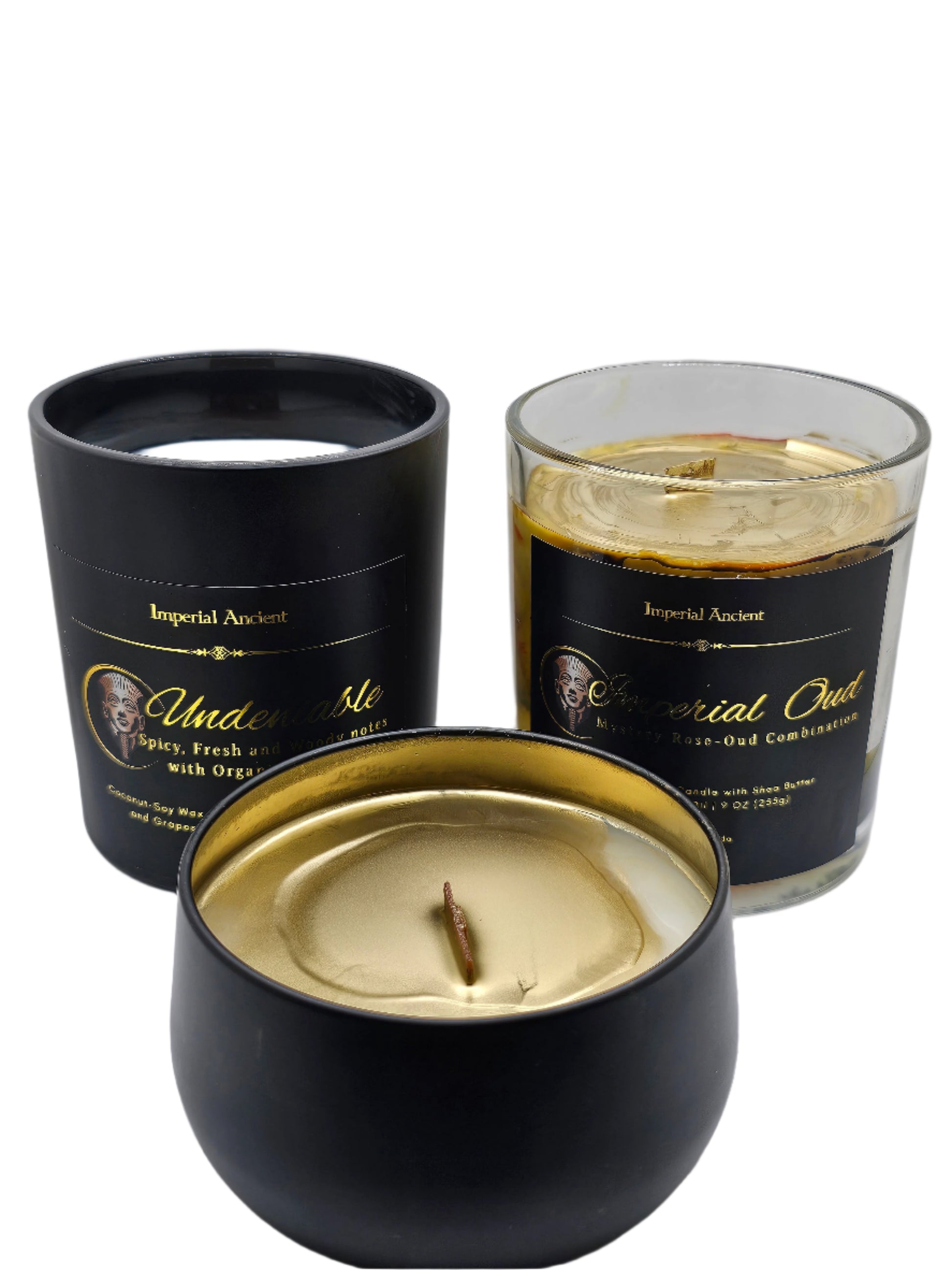 Imperial Ancient Luxury Candle Trio – Imperial Oud, Undeniable, and Black Matte Tin Soy Candles with Wooden Wicks, Elegant Gift Set, Made in Canada