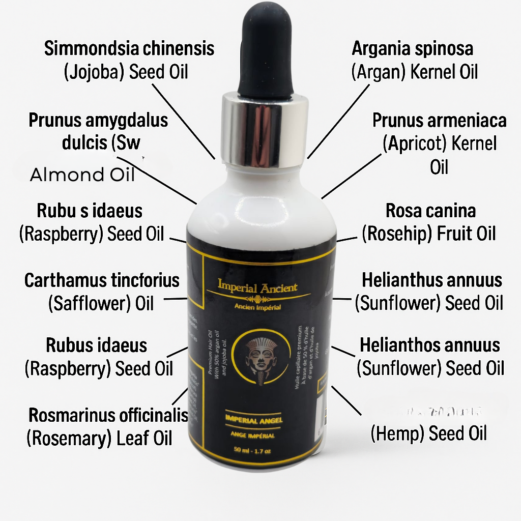 Imperial Angel Hair Oil bottle with labeled botanical ingredients including argan, jojoba, rosehip, raspberry, and rosemary oils