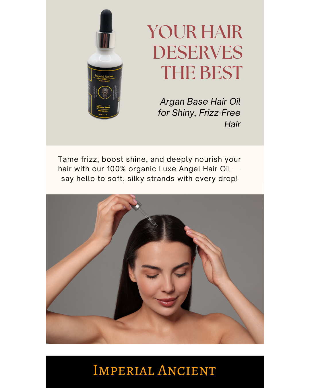 Imperial Angel Hair Oil with woman applying to scalp – organic argan blend for frizz control, shine, and silky hair