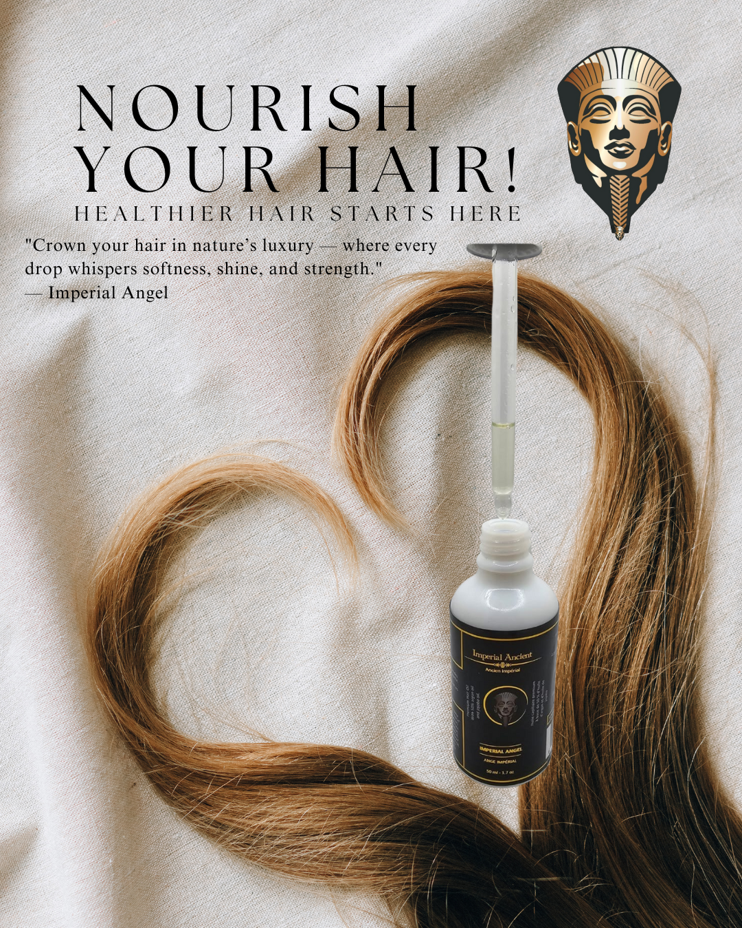 Imperial Angel Hair Oil bottle on silk with heart-shaped hair strand – promotes nourishment, softness, and shine