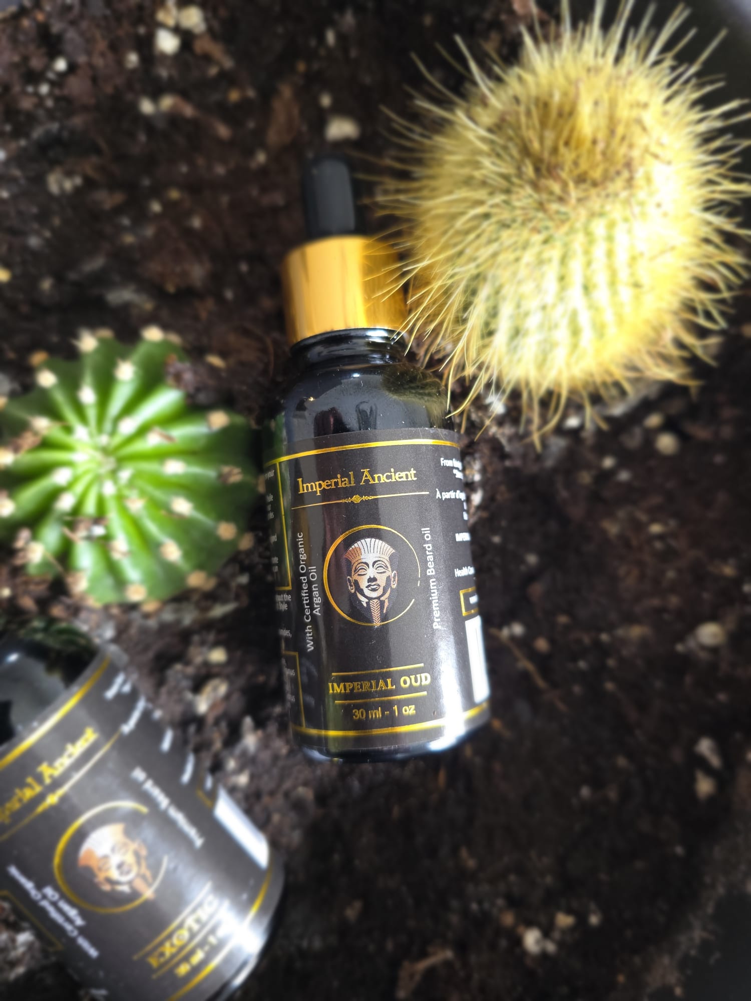 Imperial Ancient Beard Oils — 30ml Exotic and Imperial Oud grooming oils for men, displayed on rich soil beside vibrant cacti for a bold, earthy aesthetic